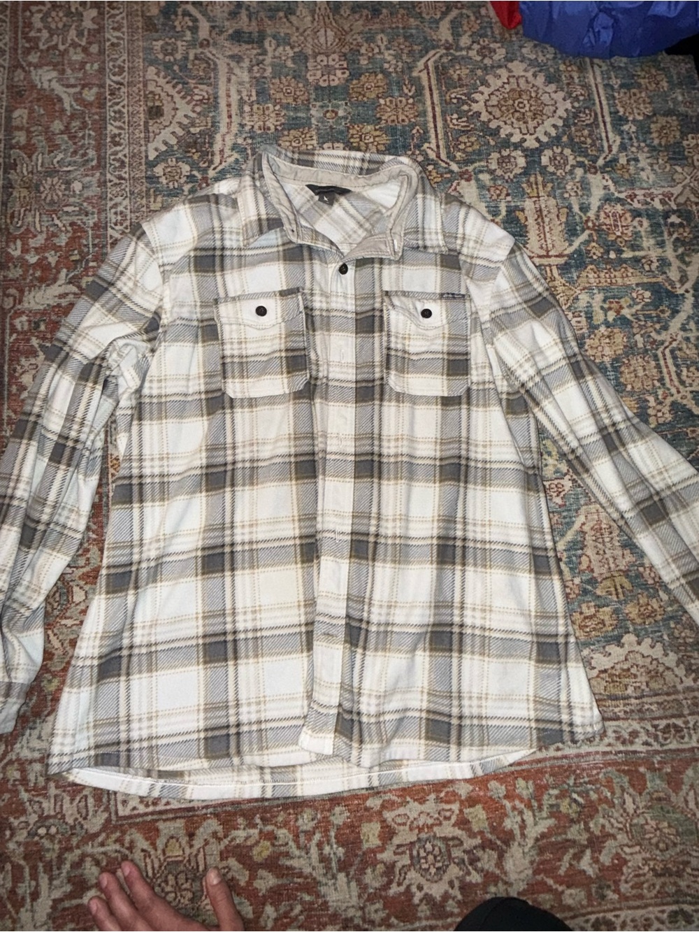 Eddie Bauer White and Gray Plaid Long-Sleeve Button-Down Shirt